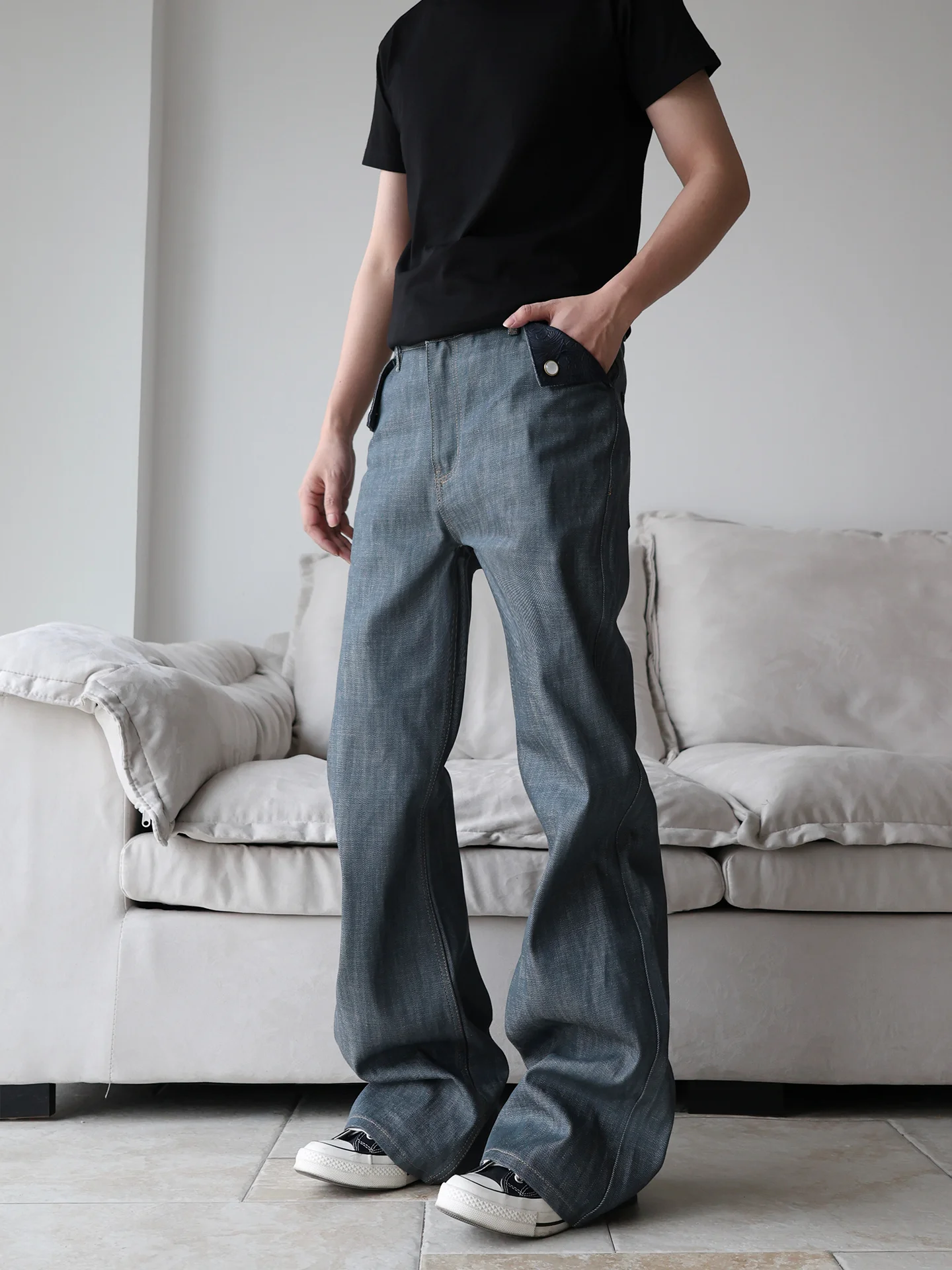 Loose Fit Straight Leg Men's Jeans American High Street Patchwork Pocket Cleanfit Denim Pants mid Waist Zipper Closure