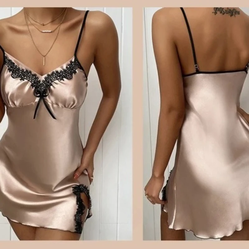 Сексуальная ночная рубашка для женщин, сексуальная пижама с глубоким V-образным вырезом, ночная рубашка с ремешками, атласное кружевное домашнее платье с открытой спиной, женское ночное платье