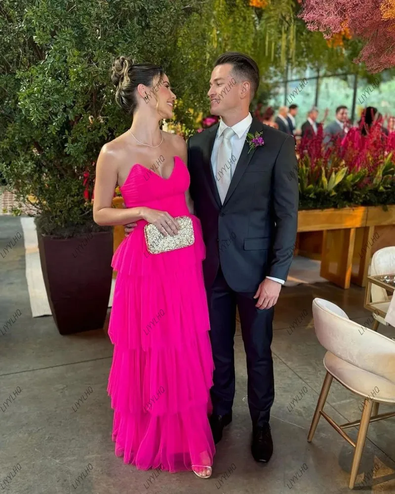 Celebrity Fuchsia Woman Evening Dresses Sweetheart Tiered Floor Length Prom Dresses Elegant Guest Wedding Party Dress Gala