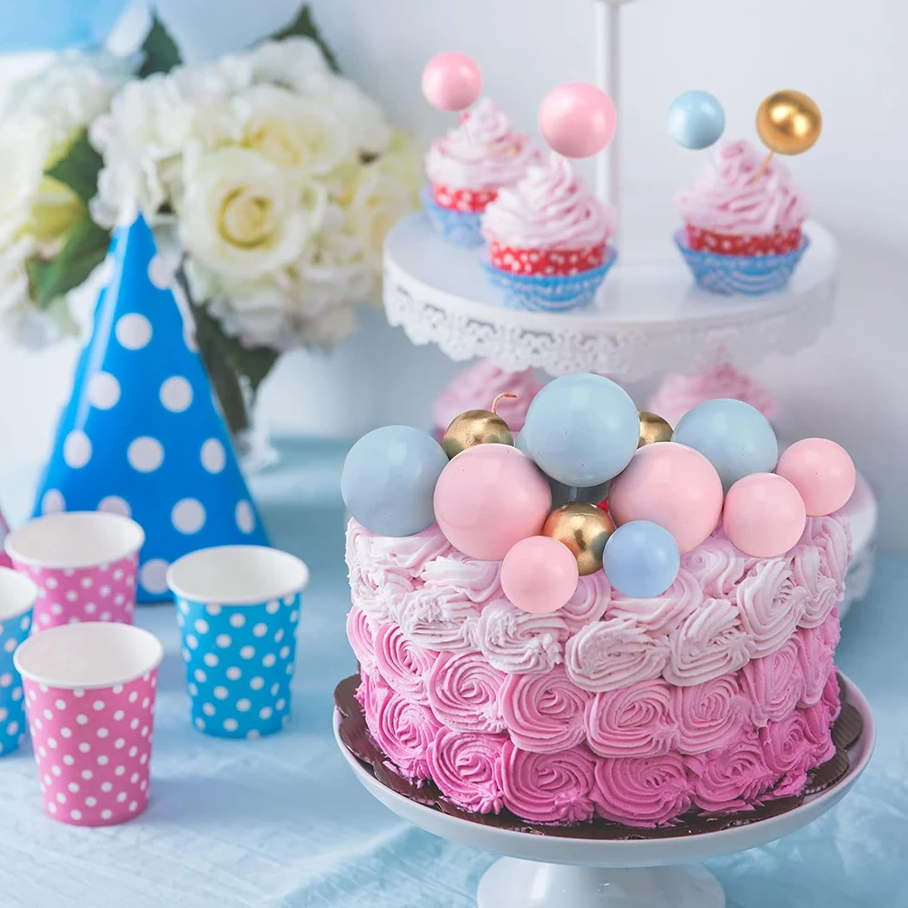 20Pcs Balls Cake Topper Pink Blue Gold Cake Balls Baking Decoration Birthday Wedding Anniversary Cake Picks Insert Toppers Decor