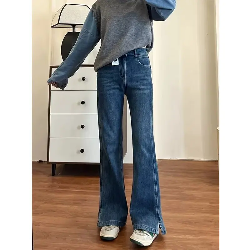 Small Size Non Stick Leg Straight Jeans for Women Autumn Winter Split Flared Jeans High Waist and Flattering Fit for Pear Shaped