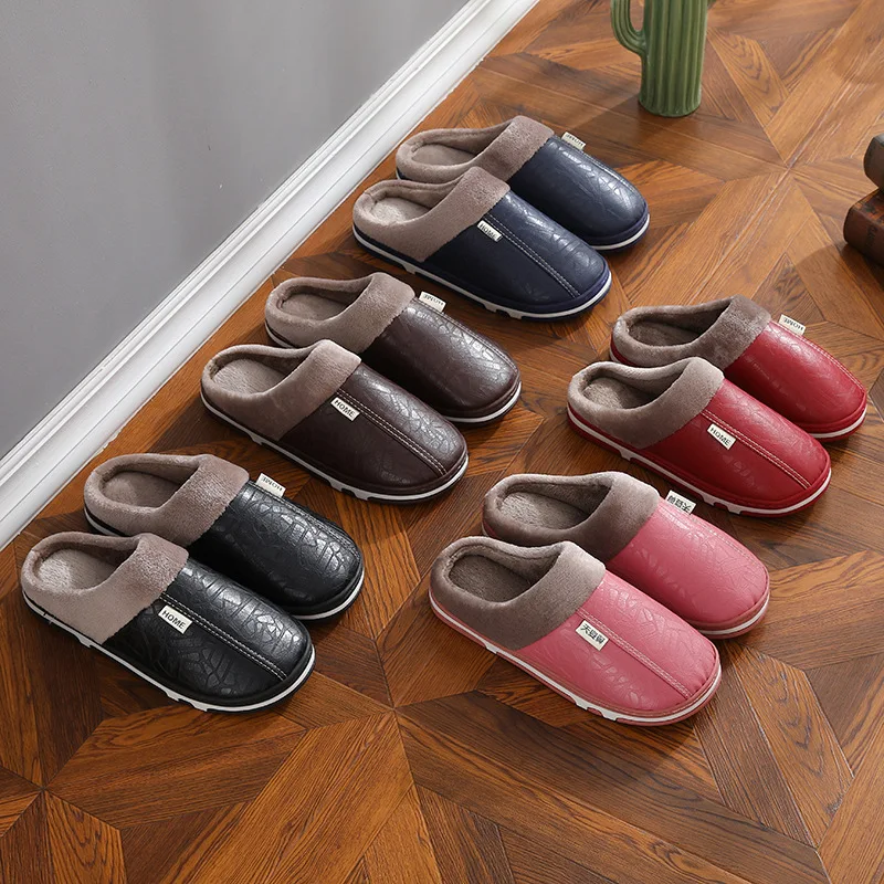 

Женские непромокаемые домашние тапочки из искусственной кожи, домашние и уличные нескользящие удобные теплые зимние туфли на плюшевой флисовой подкладке, осенняя мода