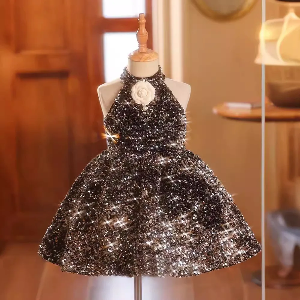 Luxurious Girls Dresses Sleeveless Black sequin neckline Ball Gown Flower Girl dress For Wedding Birthday Party Pageant dress