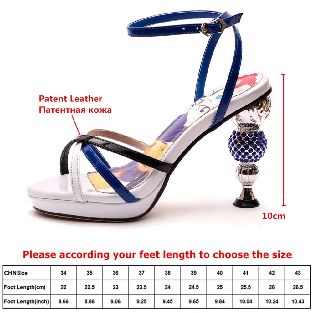 MILI-MIYA Women Crystal Studded Diamond And Platform Mixed Color Patent Leather Sandals Round Toe And Thick Heel Plus Size Dress