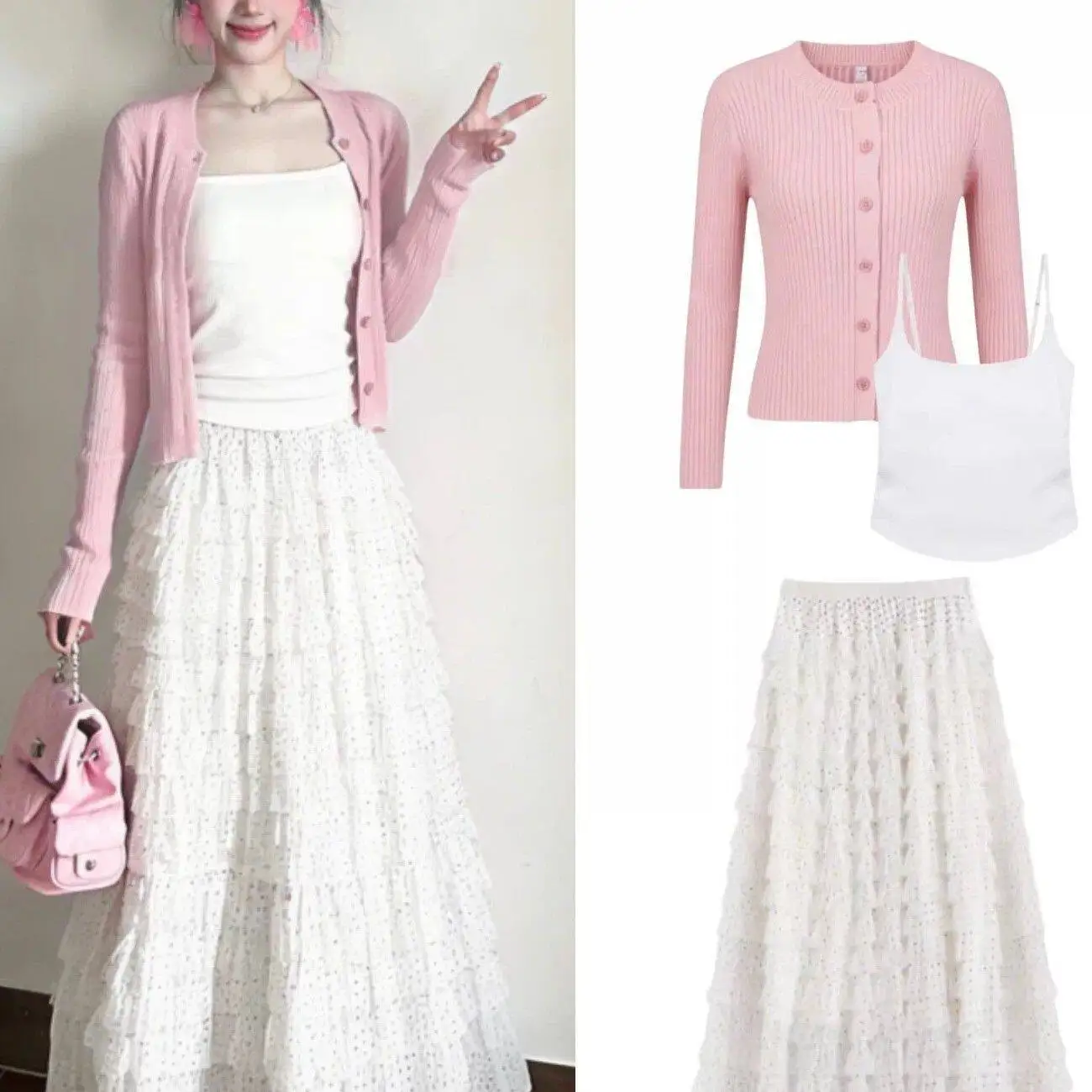 Unique Beautiful Polka Dot Half Skirt Pink Cardigan Set Early Spring Fashionable Casual High Waist Polyester Cake Skirt