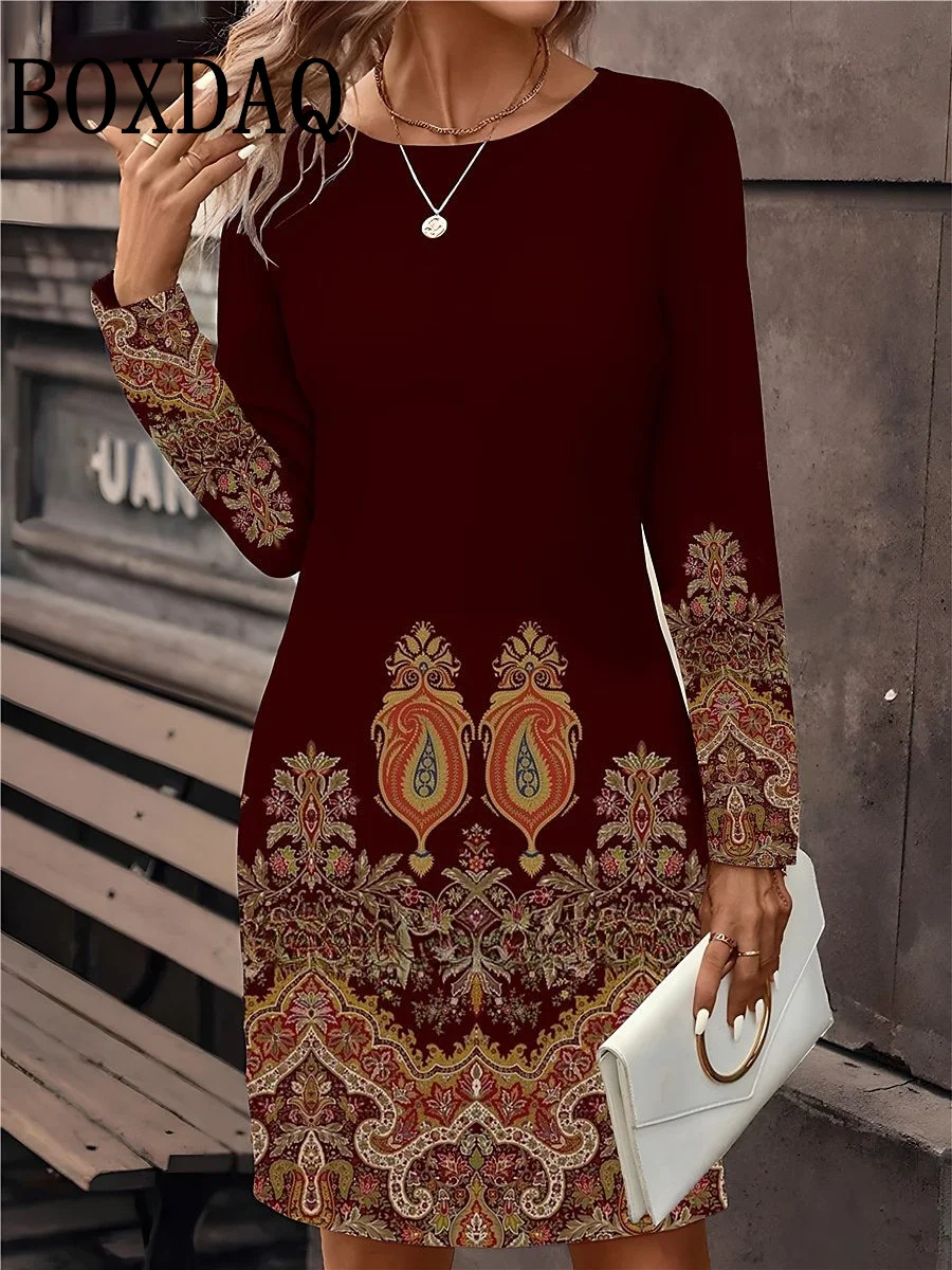 Women's Casual Long Sleeve Print Dress Fashion Autumn Winter Floral For Women Dresses Retro O-Neck Loose Ladies Dresses Vestidos