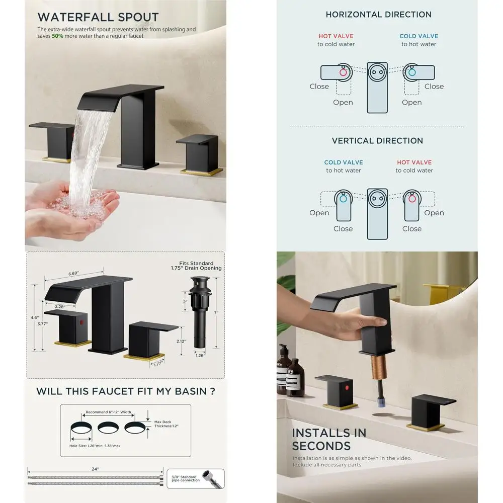

8 Widespread 3-Hole Black & Gold Bathroom Sink Faucet with 2 Handles, Metal Pop-Up Drain and 24 Hoses for Vanity & RV Restroom