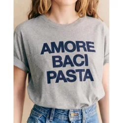 Amore Baci Pasta Letters Printing Summer Gray T Shirt Women Loose Cotton Casual Tops Tees Vintage Style Elegant Shirts