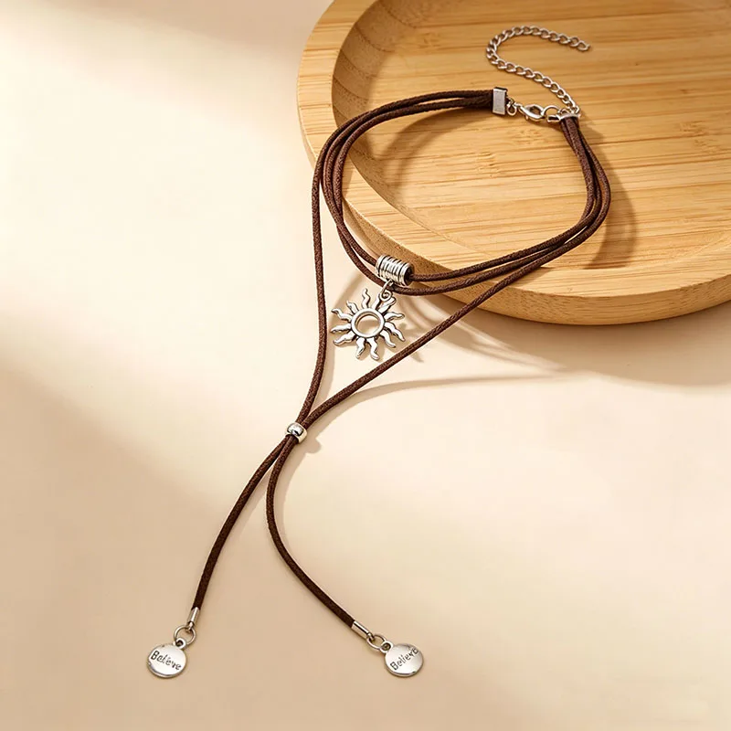 Bohemian Sun Pendant Choker Necklace for Women Vintage Multi-layer Cord Long Tassel Necklaces Retro Statement Jewelry Gift