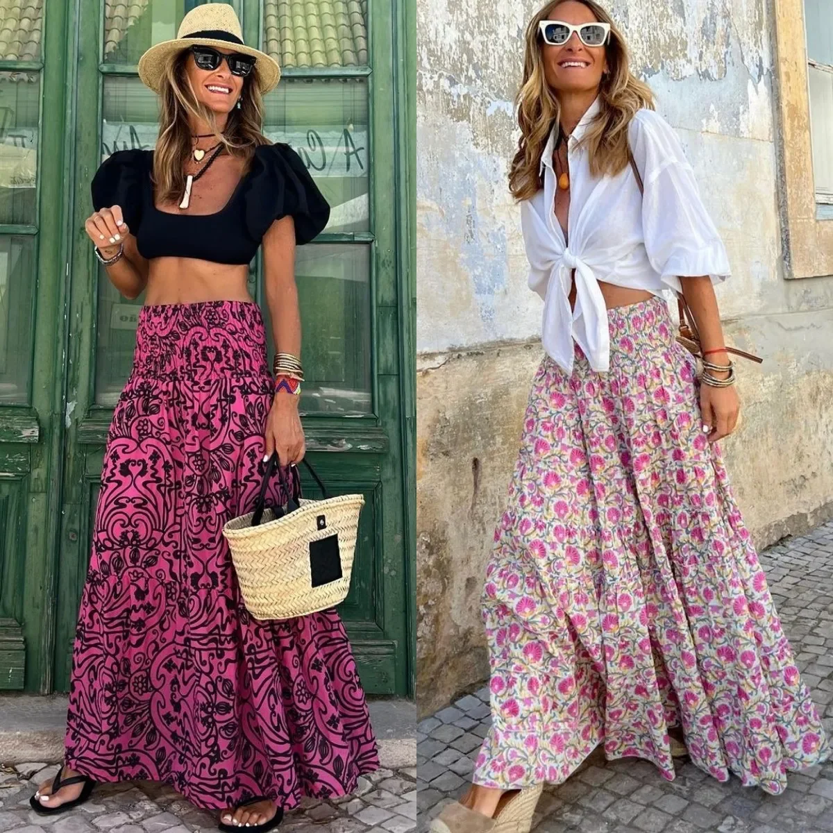 

Women Floral Flower Printed Ankle Length High Waist Loose Skirt Summer Fashion Ruffles Skirts