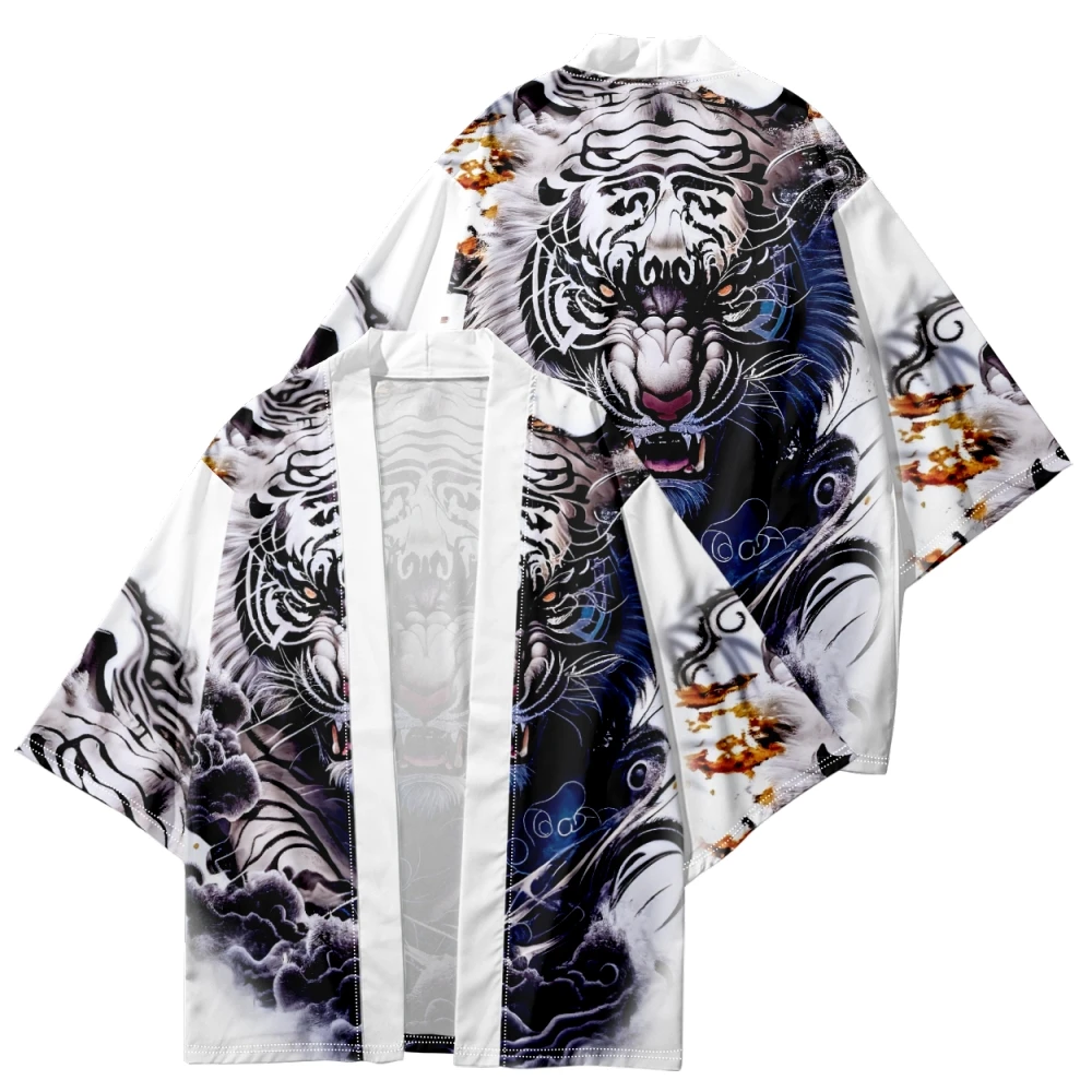 

Streetwear Men Women Cardigan Haori Traditional Beach Yukata Anime White Tiger Print Japanese Kimono Clothing Plus size