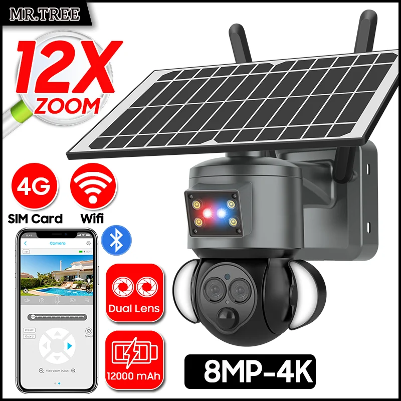 4K 8MP Solar PTZ Camera WIFI Dual Lens Security CCTV 12XZoom Humanoid Tracking Record 4G SIM Outdoor wireless Surveillance Cam