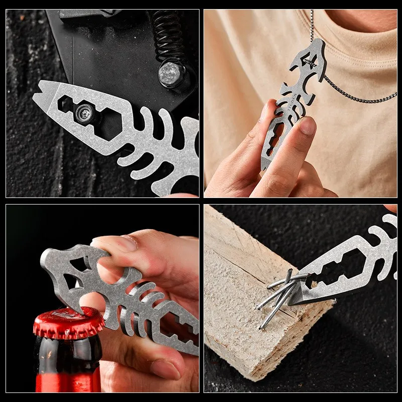 Titanium Alloy EDC Crowbar Fish Bone Shape Pry Bar with Necklace Keychain Gift Multifunctional EDC Survival Tool Bottle Opener