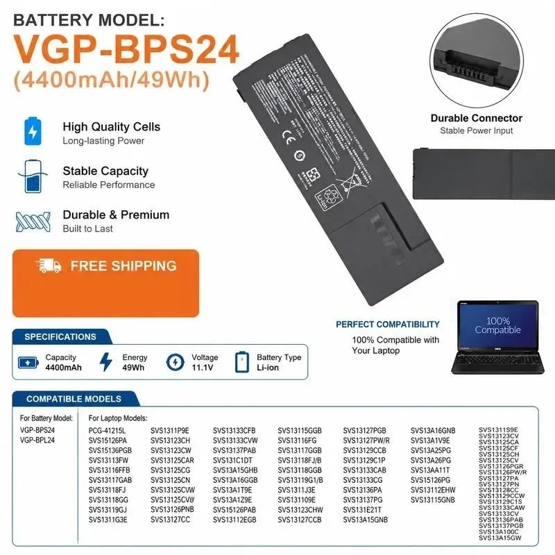 [NEW] 11.1V 49Wh VGP-BPS24 High-Capacity Laptop Battery for Sony for VPCSD-113T PCG-41217T Li-ion Power Supply