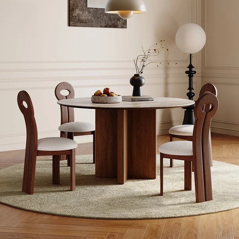 French retro North American black walnut dining table and chairs, travertine rock slab small apartment solid wood round dining