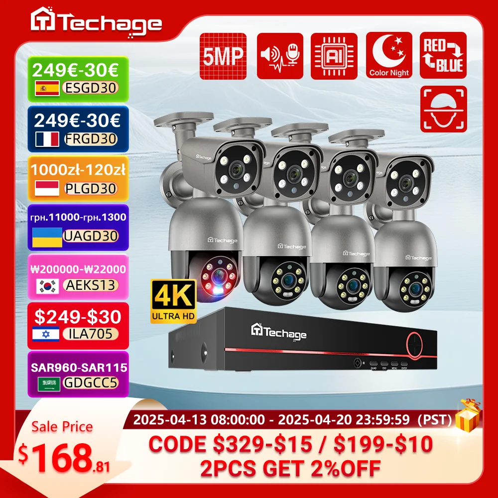 

Techage 8CH 5MP Security Camera System Night Vision Human Detection POE PTZ Camera Outdoor Security Surveillance Cam Kit P2P