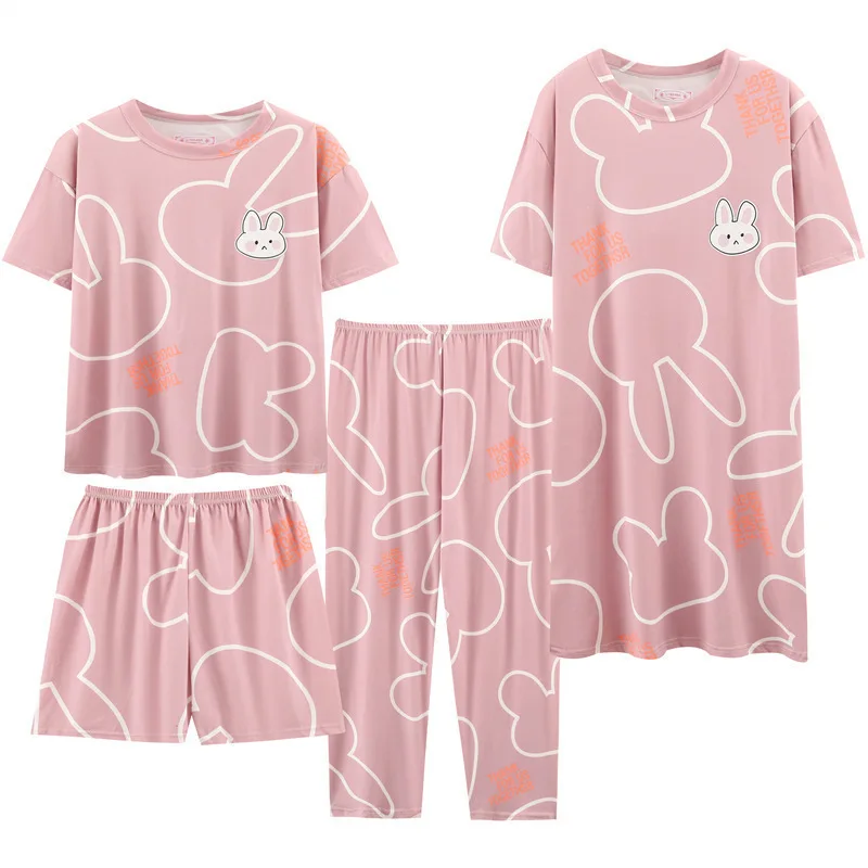 Women Summer Four Pieces Set Short Pajama With Nightdress Short Sleeve Top Shorts Pants7 Thin Printing Cartoon O-neck Loose Cute