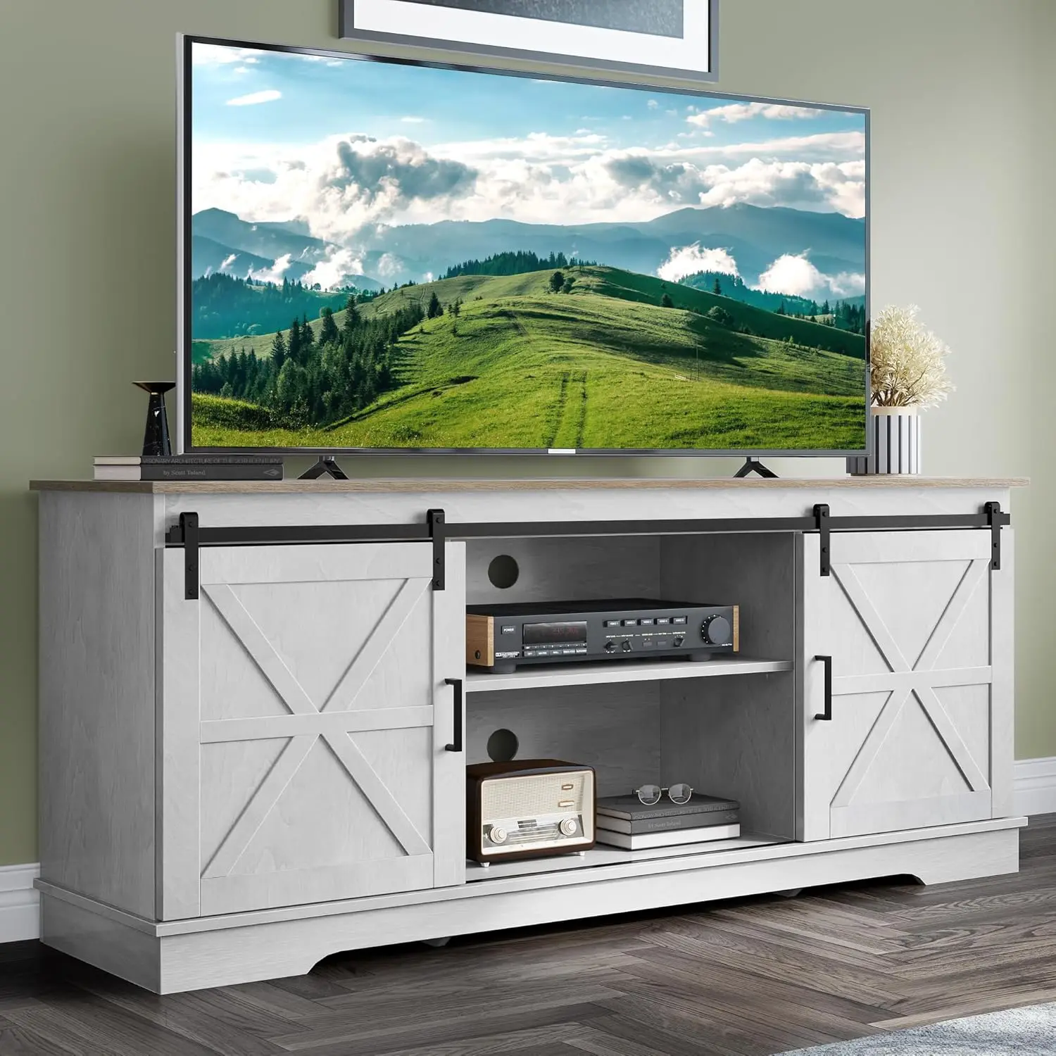 

65 Inch Farmhouse TV Stand Entertainment Center with Storage Rustic Media Console Sliding Barn Doors Grey Wash