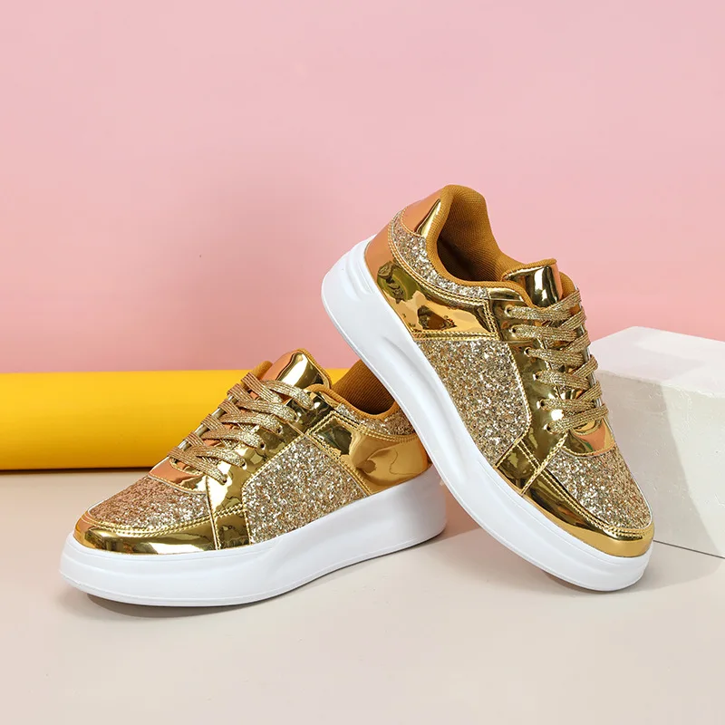 Damenschuhe Frühling 2024, neue modische vulkanisierte Turnschuhe für Damen, Freizeitschuhe, Outdoor-Walking-Schuhe, Größe 36–45, Gold und Silber