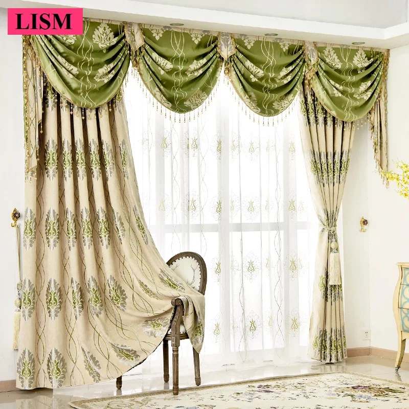 

New Luxury Chenille Jacquard Curtains for Living Room and Bedroom Window Blackout Custom Green European Valance Decor Lace Tulle