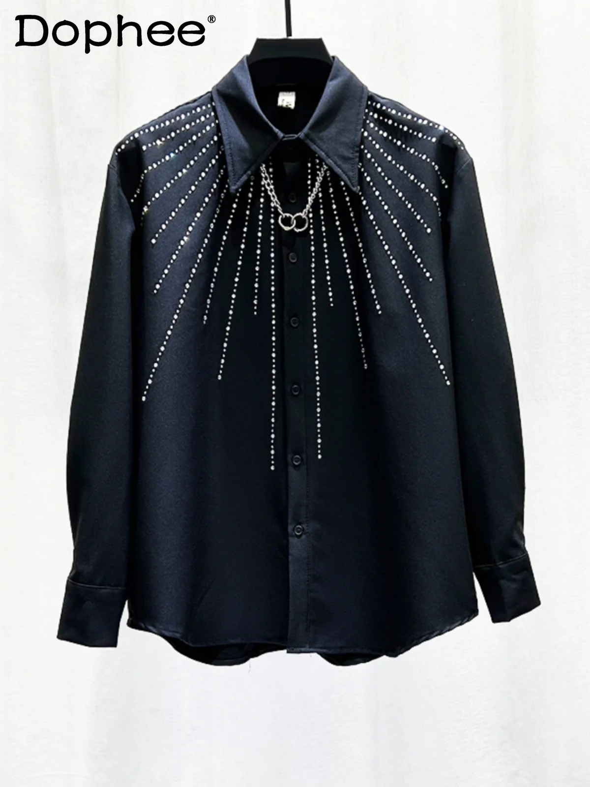

2025 New High-end Design Heavy-duty Rhinestone Long-sleeve Shirt for Men Trendy Loose Casual Versatile Turn-down Collar Shirt