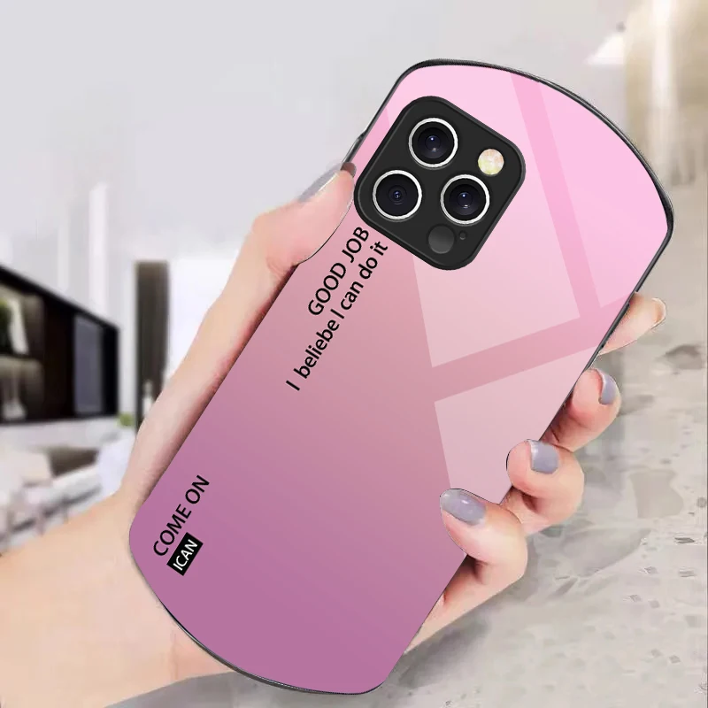Gradient solid color For iPhone 16 15 14 13 Plus 12 mini 11 Pro Max XR Xs X 7 8 6 6S 2022 Elliptical Tempered Glass Phone Case