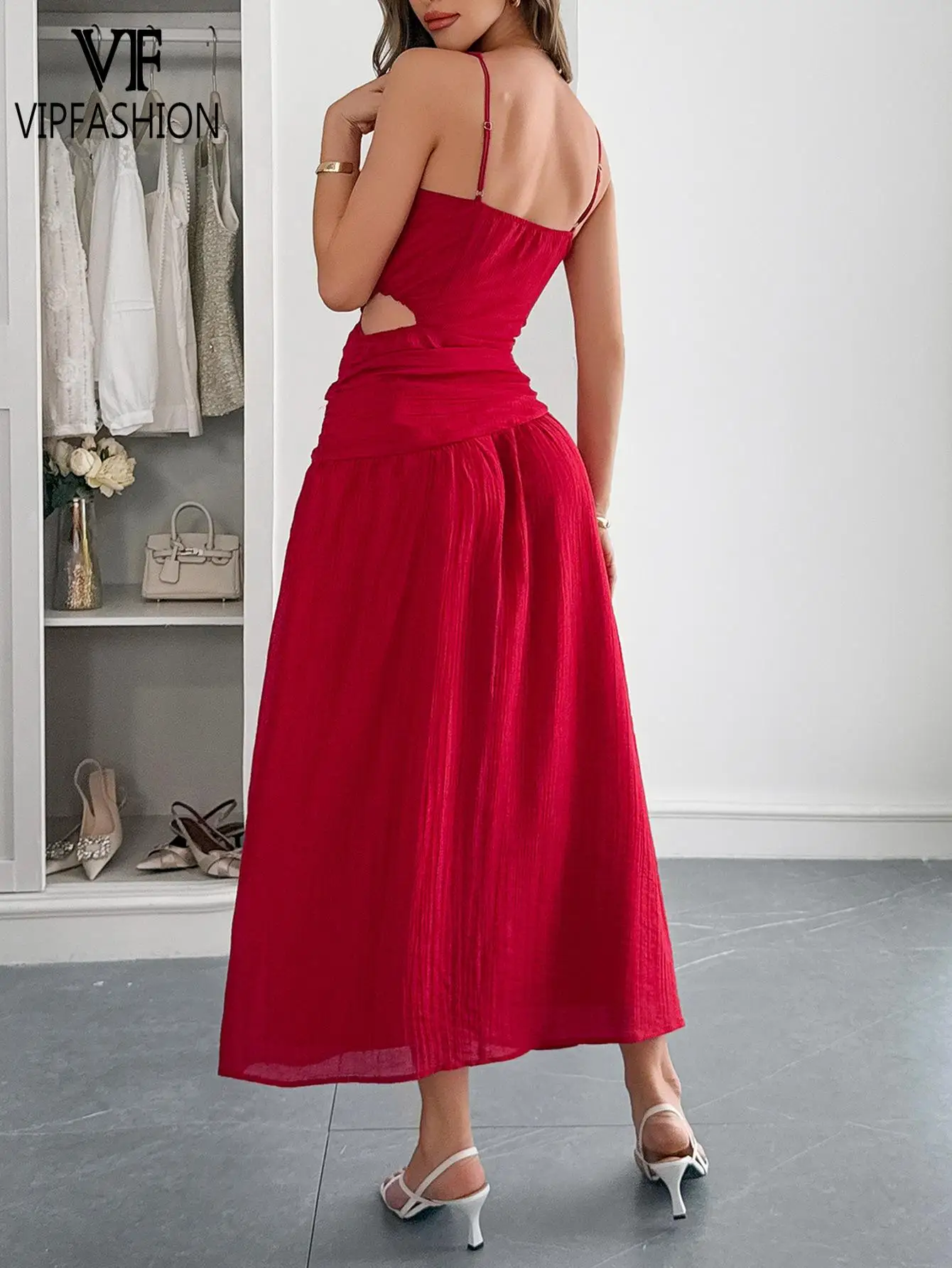 VIP FASHION – robe Maxi rouge pour femmes, col en V, sans manches, taille découpée, froncée, fête de vacances d'été, robes blanches élégantes