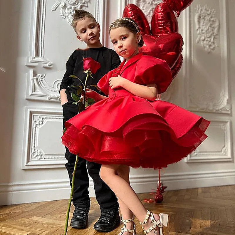 

2023 Red Ball Gown for Kids Girl Infant Beading Children's Day Costume Teenage Girls Luxurious Birthday Formal Party Dresses