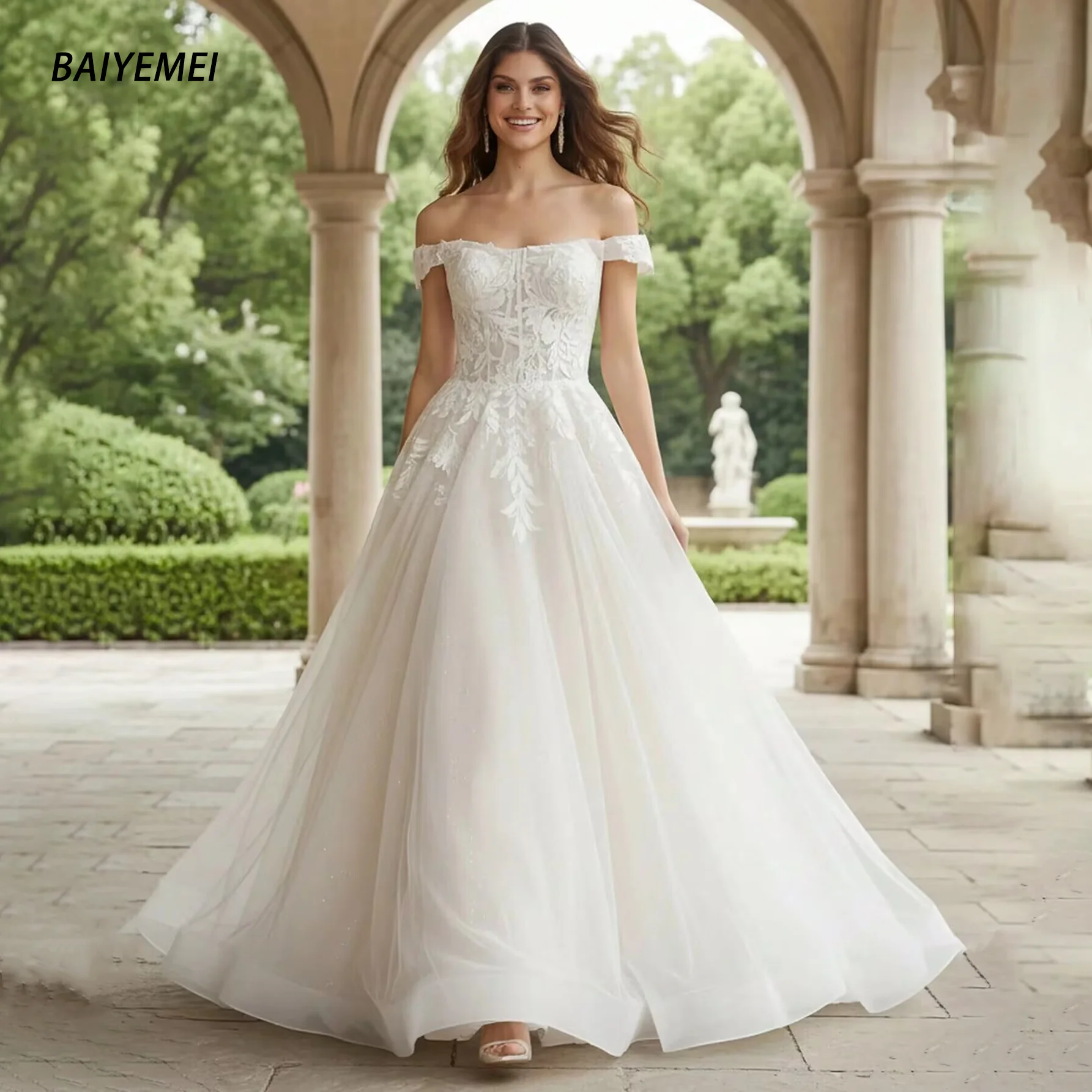 Customized Size Women Off Shoulder A Line Wedding Dress Lace Appliques Tulle Bridal Gown Lace‑Up Back Floor Length Bride Dresses