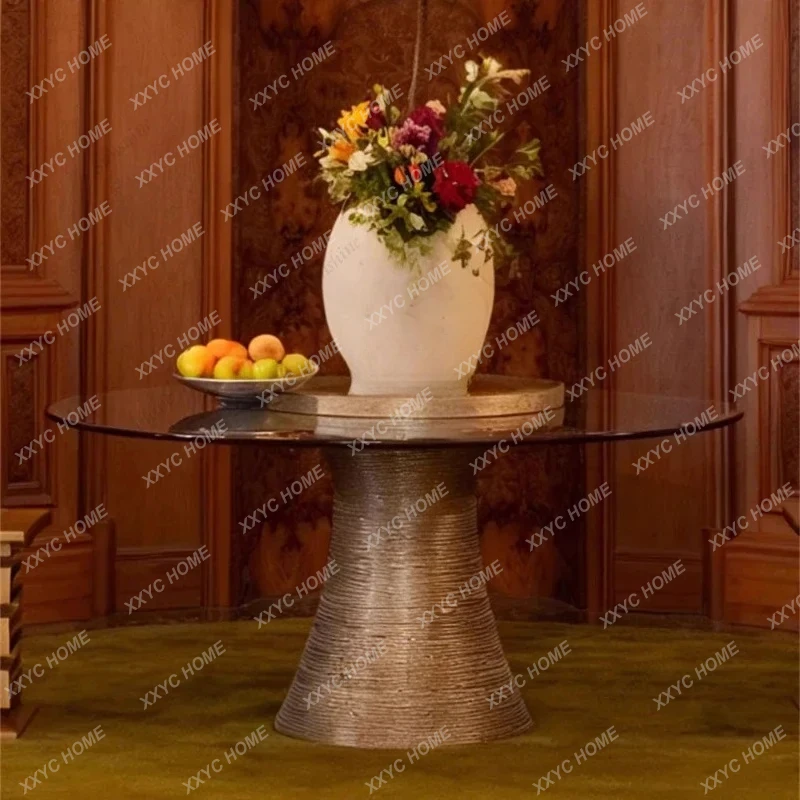 X-S  retro wind tempered glass round table dining table minimalist metal modern simple light luxury HG