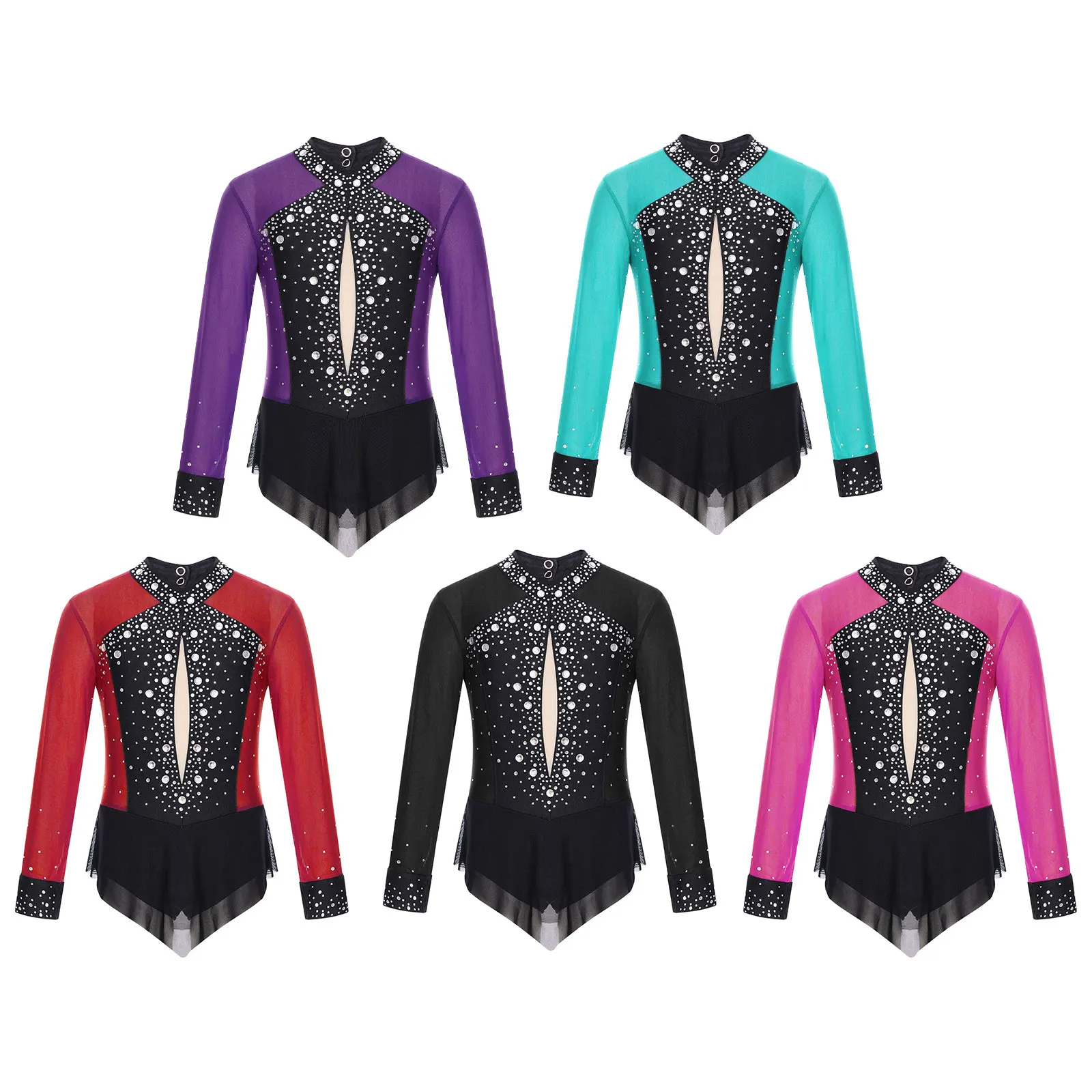 Kids Girls Figure Skating Dance Leotard Ballet Rhythmic Gymnastics Performance Dancewear Shiny Rhinestone Sheer Mesh Jumpsuit