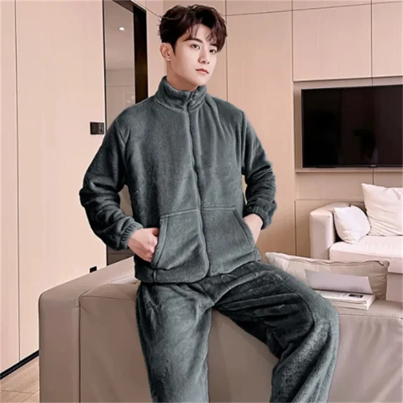

M-5XL Large Size Winter Pajamas Set Men Coral Fleece Thickened Warm Loungewear Korean Flannel Zipper Cardigan 2 Piece Outfit