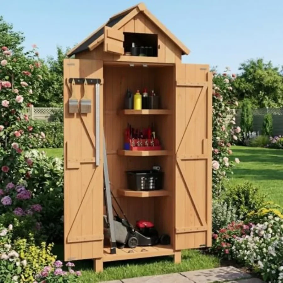 Outdoor Storage Cabinet, 70in Wooden Vertical Garden Tools Shed, Waterproof, Lockable Doors, 3 Adjustable Shelves, Multi-Wall G