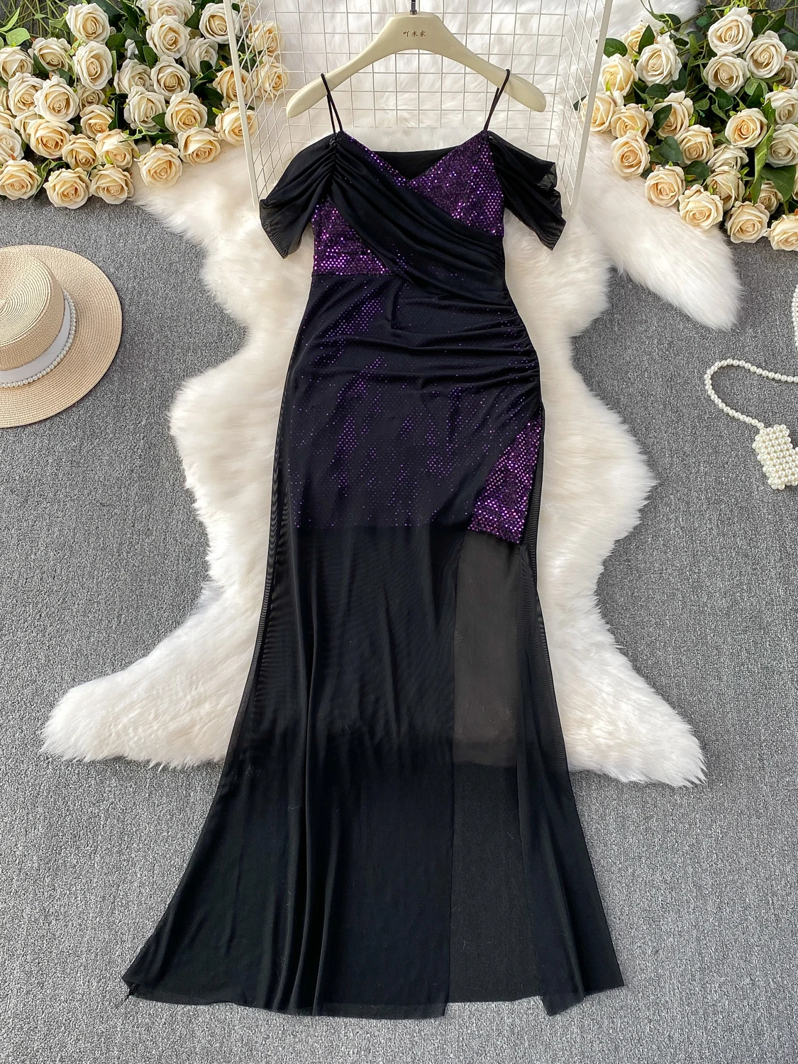 Vestido feminino de lantejoulas com alça espaguete, cintura recortada, camada de chiffon, malha, vestido de noite, sexy, slimfit, halter, costas nuas, linha a