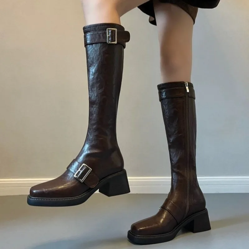 

Woman Boots Knee High Platform Chunky Heels Trend Punk Gothic New Rock Leather Fashion Women's Shoes Motorcycle Footwear Q221