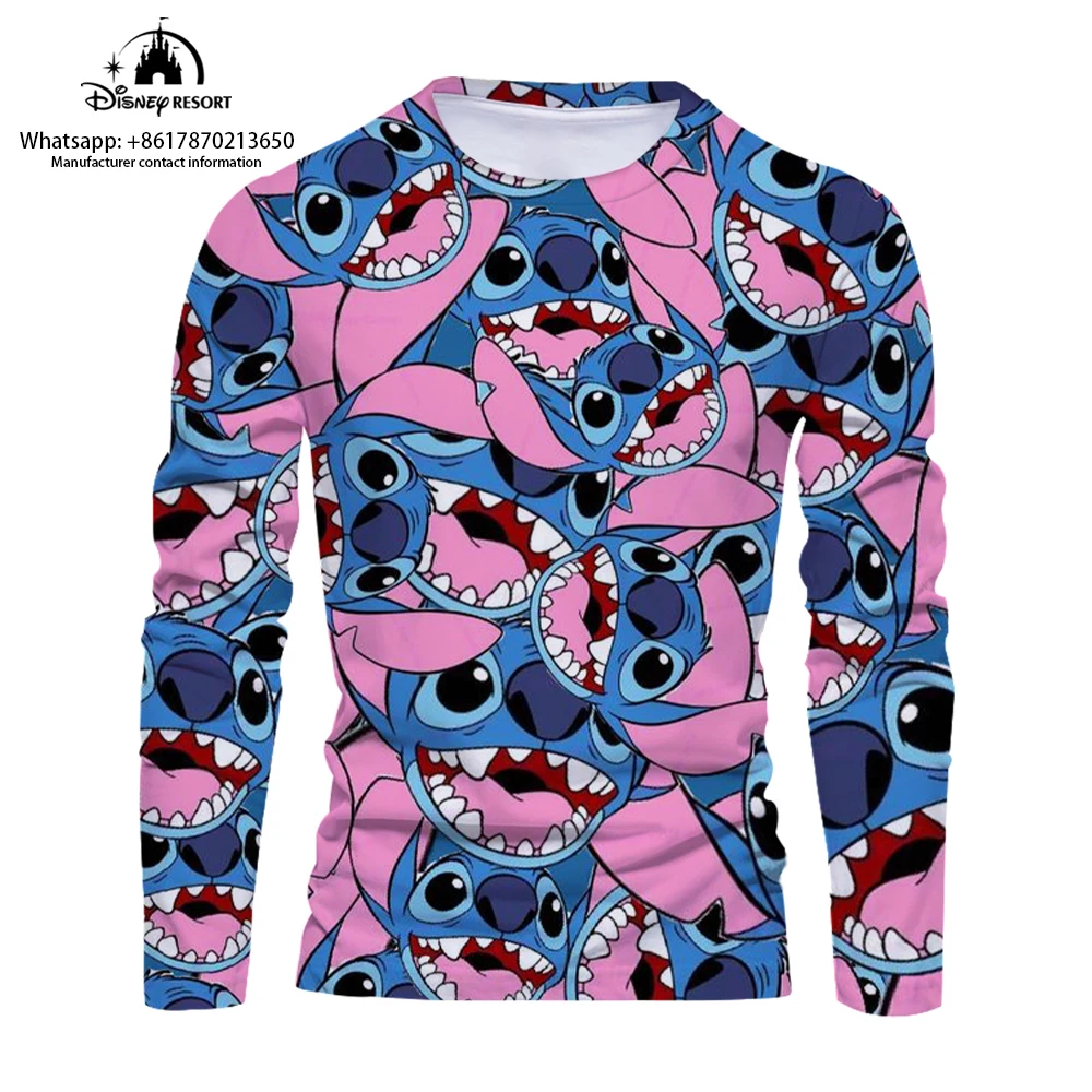 Fashion casual men's long-sleeved T-shirt bottoming shirt Stitch cartoon 3D comfortable men's long-sleeved T-shirt 2024 new