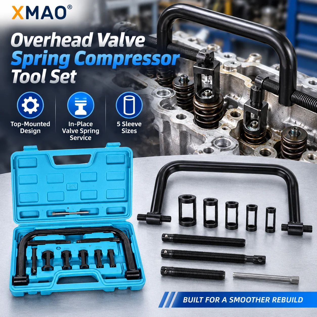 XMAO Valve Spring Removal Tool Kit 16-30mm Overhead Engine Spring Compressor 5 Sleeves U Frame Automotive Repair Tool Set