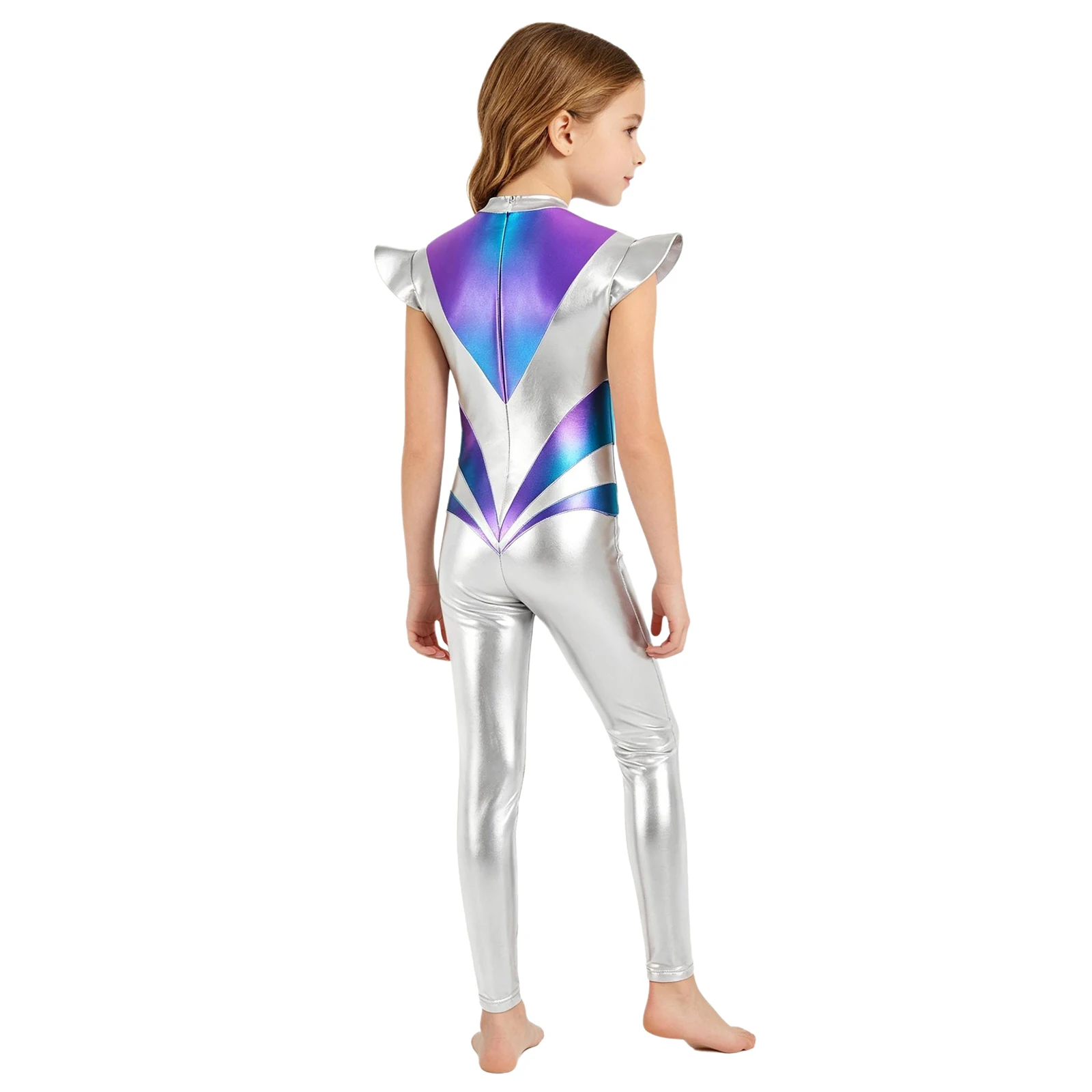 Children Alien Outerspace Astronaut Costume Metallic Shiny Alien Jumpsuit Full Bodysuit for Halloween Themed Party Performances