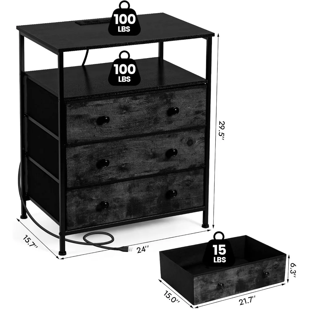 충전 스테이션이 있는 3단 서랍장, 24인치 폭의 LED 나이트 스탠드, 조절 가능한 패브릭 서랍이 있는 나이트스탠드, 수납 공간이 있는 나이트스탠드