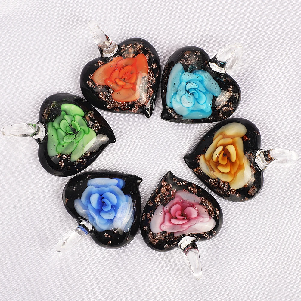 Qianbei Wholesale 6pcs Handmade Murano Lampwork Glass Mix Color Rose Flower Heart Pendant Fit Necklace Jewelry Gifts Women