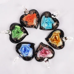 Qianbei Wholesale 6pcs Handmade Murano Lampwork Glass Mix Color Rose Flower Heart Pendant Fit Necklace Jewelry Gifts Women