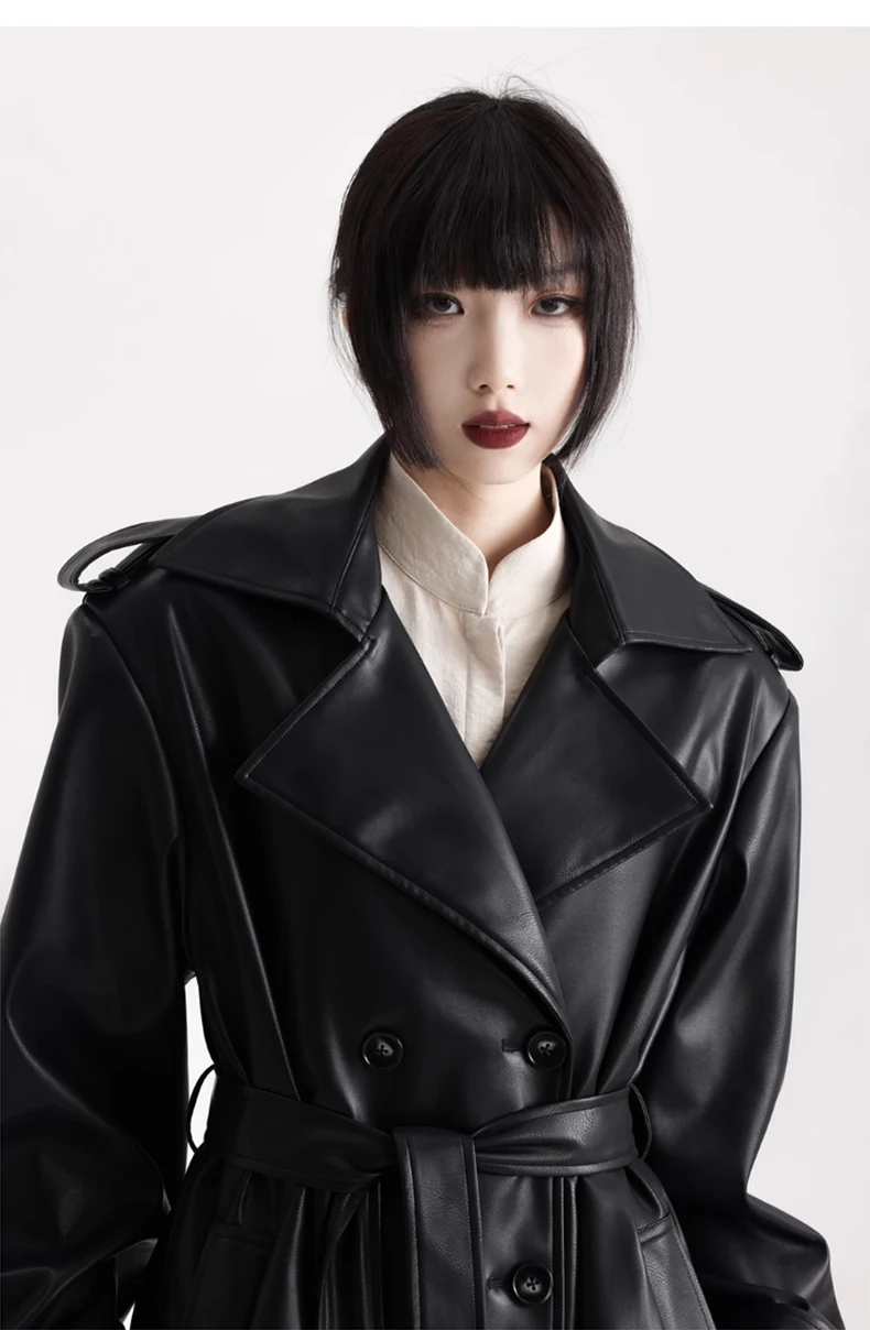 Lautaro Spring Autumn Extra Long Black Soft Pu Leather Trench Coat for Women Double Breasted Loose Casual Korean Fashion 2024