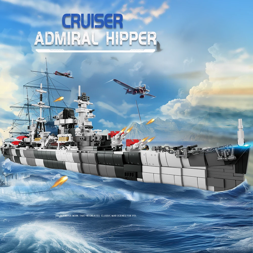 

WW2 Admiral Hipper Class Cruiser Building Blocks Germany Classical Type 1 Heavy Frigate Military War Weapons Model Kids Toy Gift