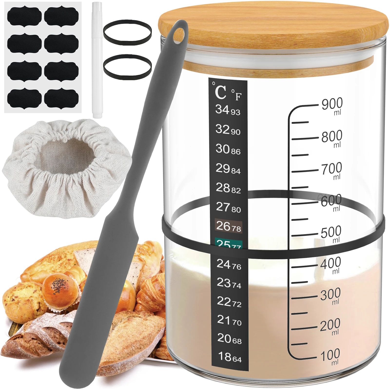 9Pcs Sourdough Starter Jar Kit 900ML Sourdough Starter Container Reusable Wide Mouth Glass Sourdough Fermentation Jar for Baking