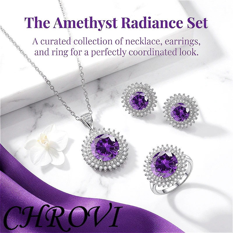 Luxuriöser 925 Sterling Silber Schmuck - Damen Sonnenblumen-Farbiger Edelstein Ring, Halskette, Ohrstecker - Damen Zirkonium Set – Detail 1