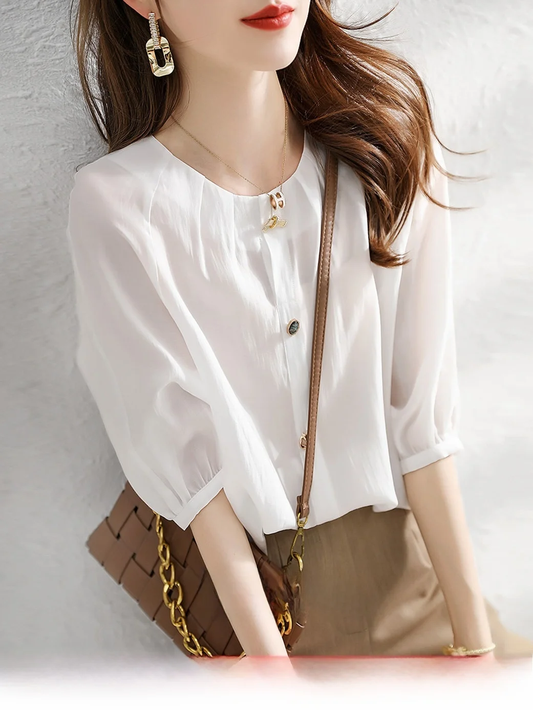 

White Silk irt Summer New Sle Silk Women's High-End Commute Beautiful Ele Top Loose Fit round Ne Five Sve