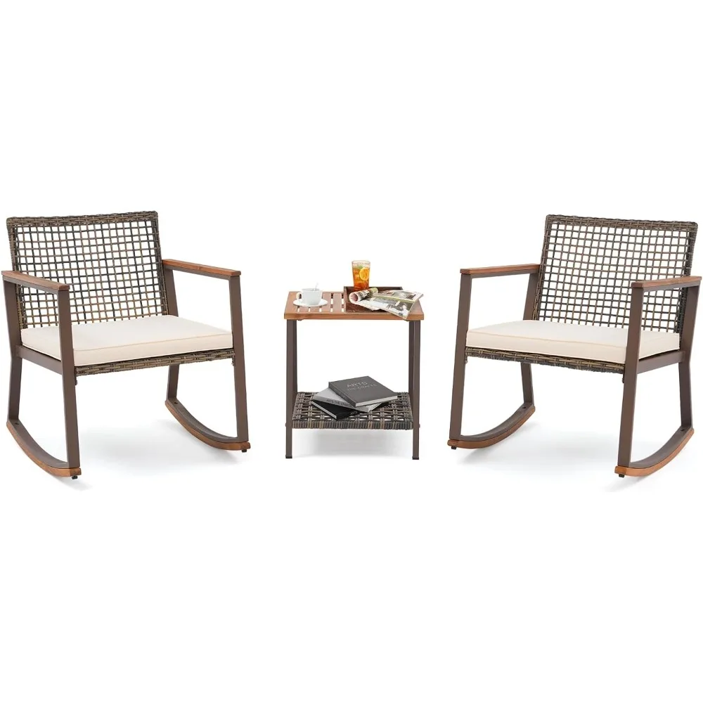 

3 Pieces Rocking Bistro Set, Outdoor Conversation Bistro Chairs and Table Set with Wood Armrest and Soft Cushions