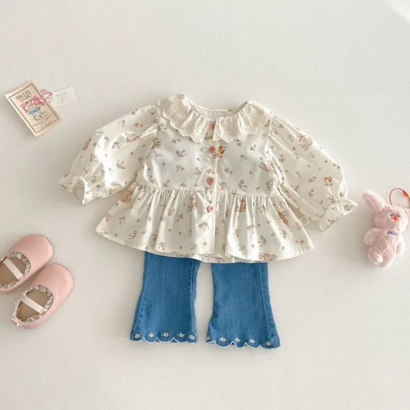 Cute Girls Sping Shirt 2025 Korean Children's Lace Collar Long Sleeve Blouses 0-5T Kids Casual Outwear Tops