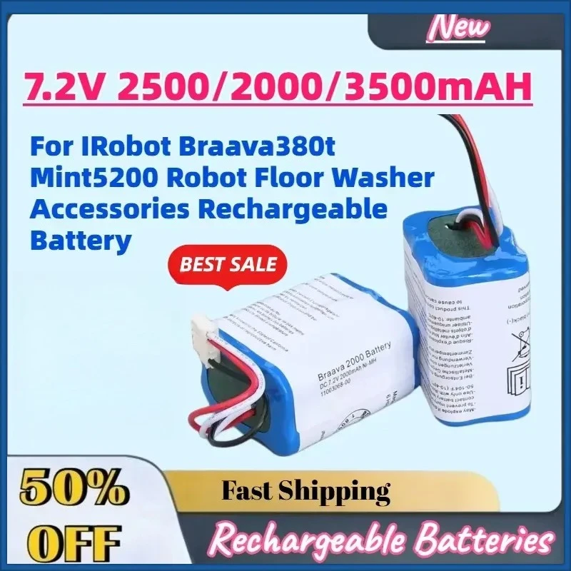 New 7.2V 3500mAH Sweeping Robot NI-MH Battery For IRobot Braava380t Mint5200 Robot Floor Washer Accessories Rechargeable