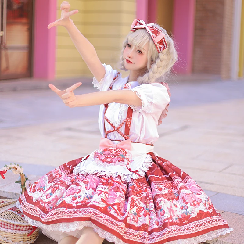 Vestido de Cosplay de estilo japonés para niña, Top de traje dulce de Lolita Sk, estampado de Loli, letras de cereza de fresa, lazo con volantes